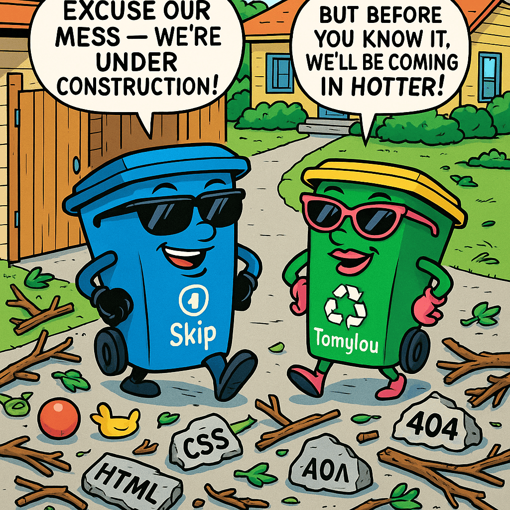 Bins walking down messy driveway